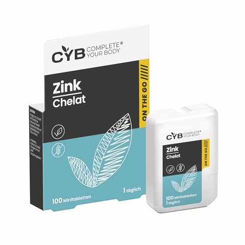 CYB ON THE GO Minitabletten, 100 kleine, leicht verdauliche Tabletten im praktischen Spender – Zink 15mg (als Zinkchelat) – DNA-Synthese, Testosteron, Spermatogenese, Sehkraft, Haare, Nägel und Haut