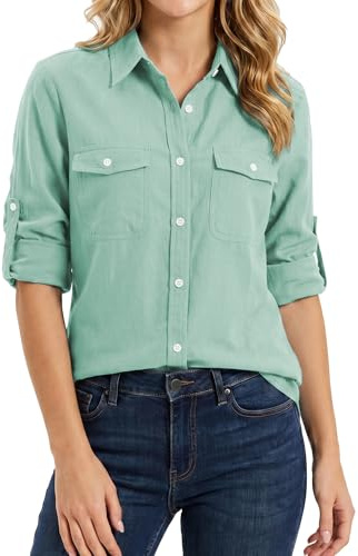 Enmain Camisa Mujer Manga Larga Camisa de Lino con Botones y Mangas Remangables Blusa Casual con 2 Bolsillos para Verano y Playa, S-3XL