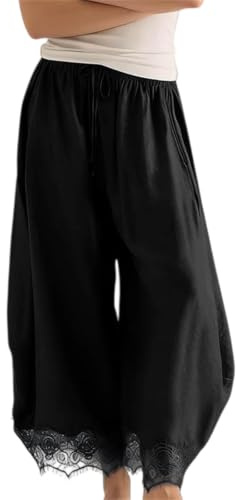 Womens Cropped Lace Hem Pants Casual Drawstring High Waist Summer Wide Leg Pant Lightweight Beach Flowy Trousers with Pockets (Black,M)