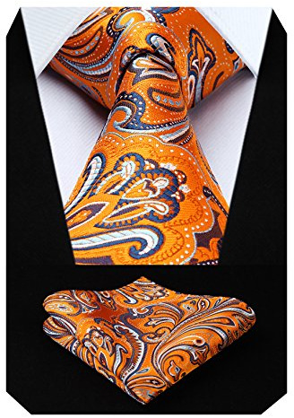 HISDERN Men's Tie Orange Paisley Tie Wedding Party for Men Handkerchief Necktie & Pocket Square Set for Formal Business