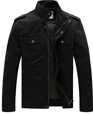 WenVen Homme Veste Coupe-Vent en Coton blouse de Travail Veste d'Extérieur Manteau Casual Militaire Classique Blouson Randonnée Automne Noir S