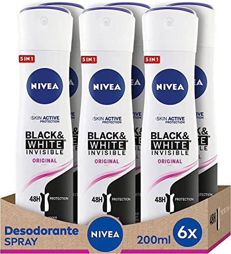 NIVEA Black & White Invisible Original Spray en pack de 6 (6 x 200 ml), desodorante antimanchas de cuidado femenino, para proteger la piel y la ropa