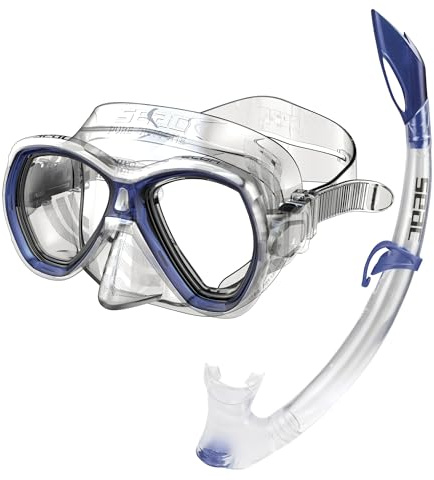 Seac Set Elba, Set Snorkeling con Maschera Subacquea e Snorkel con Valvola di Spurgo Acqua per Adulti e Ragazzi, trasparente/blu, ridotta