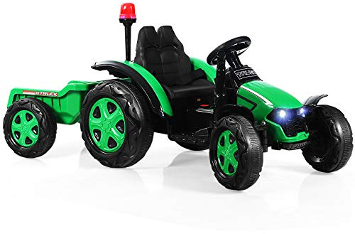 GOPLUS Eltraktor för barn 3–8 år, 12 V traktor med 2,4 G fjärrkontroll/avtagbar släpvagn/strålkastare/horn/MP3-spelare/USB-port/varning, leksakstraktor, uppsitstraktor (grön)