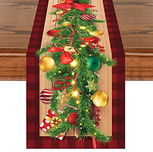 Weihnachten Tischläufer, Rot Schwarz Plaid & Beere Girlande Tischwäsche, 3D Realistisch Weihnachts Party Deko Waschbar Winter Gitter Tischdekoration Drinnen Draußen Kariert Tischdecke, 35x180cm
