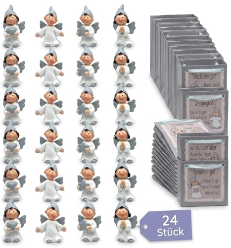 MIJOMA Juego de 24 ángeles de la guarda en bolsa de 2 compartimentos surtidos, en pantalla de 24 unidades, amuleto de la suerte para boda, bautismo, nacimiento, Navidad (gris/blanco)