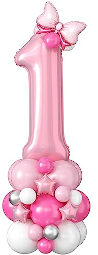 40 Inch Pink Number 1 Balloon for 1st Birthday Decorations Pastel Baby Pink Number One Foil Balloon Tower Giant Large Digit Hot Pink White Helium Balloons Stack for Girls First Anniversary Party