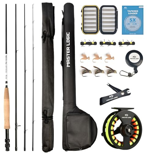 MASTER LOGIC Fly Fishing Rod and Reel Combo Starter Kit, Graphite Fly Rod with Cork Handle, Die Cast Aluminum Reel, Fly Box Case & Fishing Flies and Carrying Case and Accessories(5/6wt-9'0-4pc)