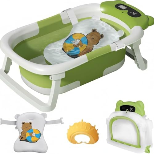 LiveGo Baby Bath Tub, Foldable Baby Bath for Infants to Toddler, Newborn Baby Bathtub with Thermometer & Floating Cushion, Baby Bath for 0-24 Months Newborns Infants and Toddler (Green Bear)