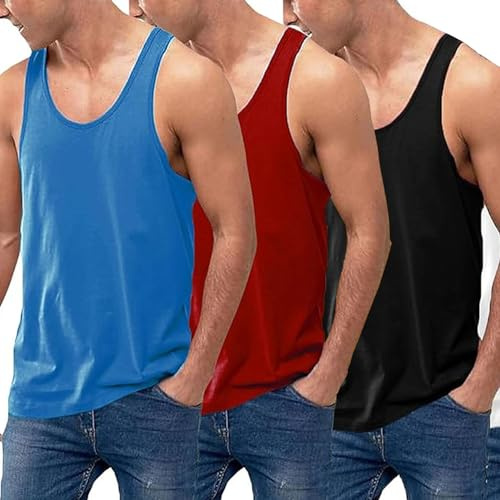 VEARZ®️ Pack of 3/6 Men's Cotton Vest Classic Slim Fit Summer Plain Tank Tops – Adults Sleeveless Undershirts Gym Training Tops Plus Size Ass-Colours-XL-3
