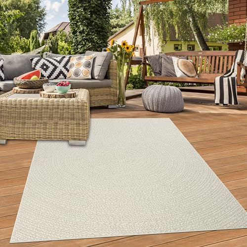 Teppich-Traum Teppich Outdoorteppich Balkon Terrasse Wintergarten wetterfest Indoor Jute Look Linienmuster in Kreisform Creme, 200 x 290 cm