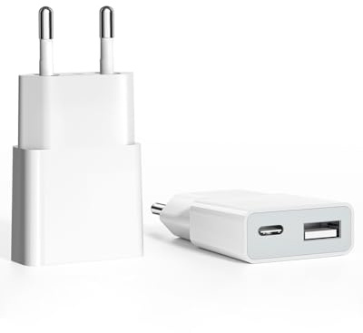 SCHITEC 2Pack Cargador USB de 5W 5V/1A 2 Puertos USB C + USB A Adaptador de Enchufe para iPhone, Lector de Libros Electrónicos, Xperia, MP3, Smartphone Galaxy S8,Huawei
