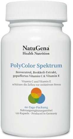 NatuGena PolyColor Spektrum gegen oxidativen Stress, hochdosiertes Vitamin E, Trans-Resveratrol, Quercetin, gepuffertes Vitamin C & Lycopin, 120 Kapseln (60 Tage Packung)