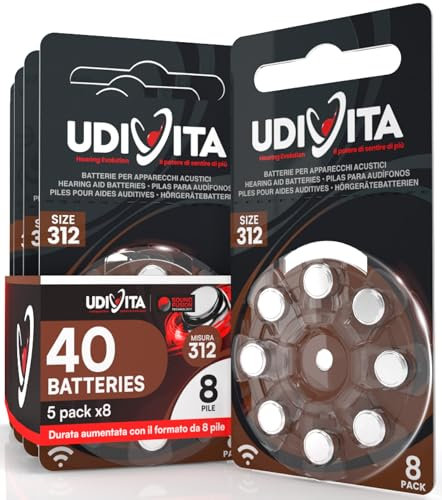 40 Piles Auditives Taille 312 Udivita PR41 (Marron) avec Technologie Phono Pulse Zinc-Air Hearing Evolution - 5 Blisters de 8 Piles