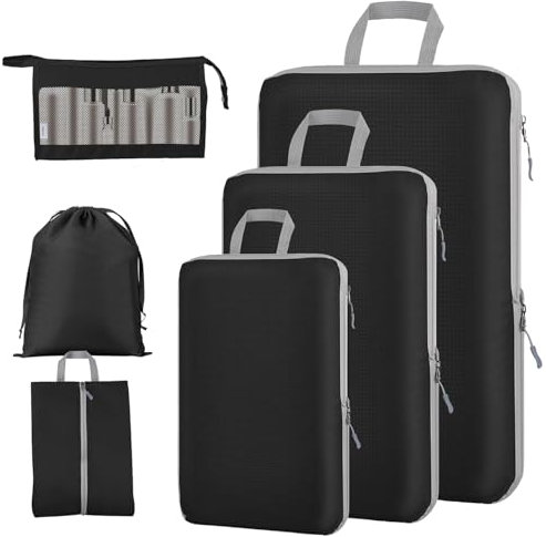 GEEDIAR Kompression Koffer Organizer Set, 6PCS Packing Cubes für Rucksack, Compression Packwürfel Kofferorganizer, Ultraleicht Wasserdicht Kleidertaschen Reiseorganizer für Kleidung