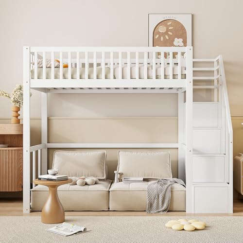 Moimhear Cama alta de 90 x 200 cm con escalera de seguridad con almacenamiento, estructura de madera de pino maciza para niños y jóvenes (blanco)