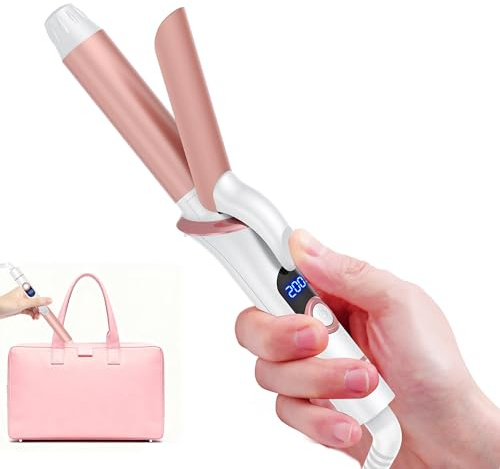 UKLISS Mini Lockenstab für Kurze Haare, 25mm Reise Lockenstab Kleine Locken, LCD Display 120-200℃, mit Handschuh und Aufbewahrungstasche, Doppelspannung (Rose Weiß)