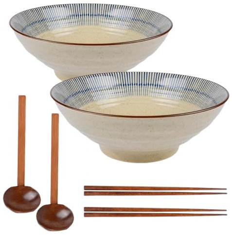 Henrrida Ceramics Ramen Bowls Set of 2 Japanese Noodle Bowl with Chopsticks and Spoon Applicable to Lamian Noodles, Spaghetti and Fruit Salad 640ml,Ramen Bowl Dishwasher Washable Microwave Safe 7 ″