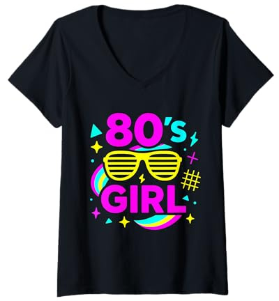 Womens 80s Girl Retro Sunglasses With Colorful Wave Pattern V-Neck T-Shirt
