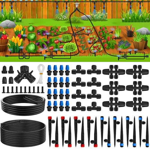 200 FT Quick-Connect Drip Irrigation System Kit, Automatic Garden Watering Misting System for Greenhouse, Lawn, Flower Bed with Irrigation Tubing, Hose Splitter 2 Way, Adjustable Drip Emitters