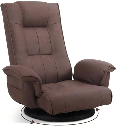 Ergonomic Swivel Floor Gaming Chair with Armrests & Side Pockets, 6-Position Reclining Sofa Bed, Foldable Padded Lounger with Thick Cushion & Lumbar Support for Esports, Reading, TV Watching, Brown