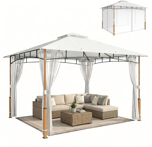Outsunny Cenador para Jardín 3x3,6 m, Pabellón de Jardín Gazebo con Doble Techo, Paredes de Malla, UPF50+, Estructura de Metal, Carpa para Exterior, Terraza, Patio, Crema y Teca