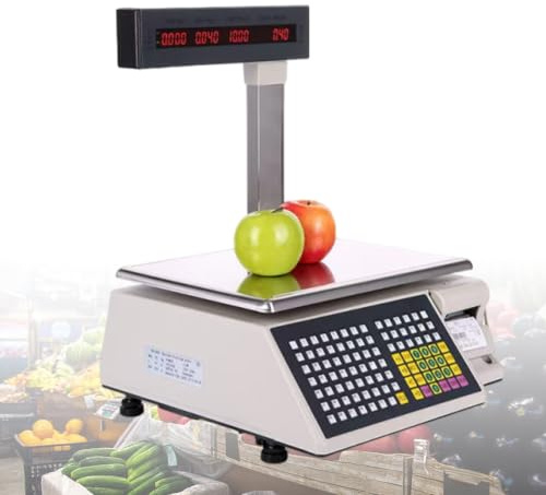Balance Alimentaire Professionnelle avec Impression de Ticket et Étiquette, Balance Électronique Poids Prix pour Poissonnerie, Double Affichage Numérique, Capacité 30kg(30kg/10g)