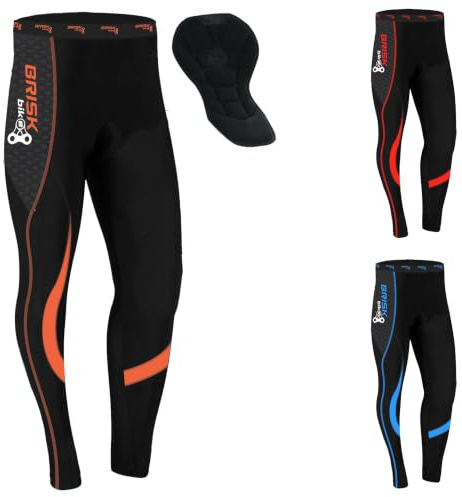 Brisk Bike Pantaloni Ciclismo Uomo - Cool Max Elasticizzato Pantaloni Imbottiti Uomo Ciclismo con Cuciture Flatlock Leggings Termici per Ciclismo, Escursionismo, Sci e Corsa (Nero/Arancione, L)