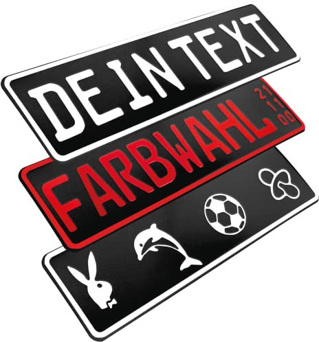 L & P Car Design FKZ 1 Stück Fun Kennzeichen 52cm x 11cm Wunschtext Bohrung Beschichtungsfarbe Individuell Wunschkennzeichen Wunschprägung Namens Kennzeichen Namensschild Farbe SCHWARZ