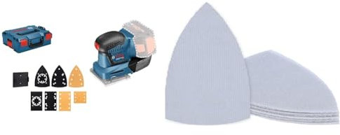 Bosch Professional 18V System Akku Schwingschleifer GSS 18V-10 (Ø: 1,6 mm, 3 Grundplatten, in L-BOXX) + 10x Schleifnetz-Sets Expert M480 (für Hartholz, Farbe auf Holz, Körnung 80)