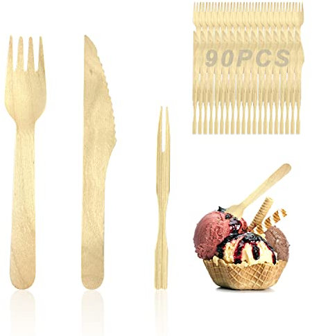 pezzo posate in legno usa e getta, inclusi 30 coltelli e forchette, 30 bastoncini di frutta in bambù, posate ecologiche, compostabili