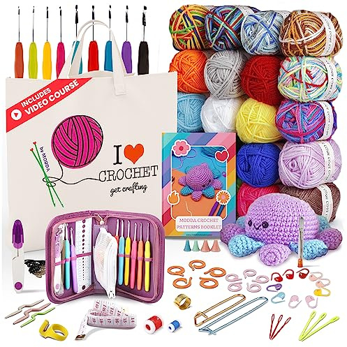 MODDA Crochet Starter Kit for Beginners - Includes 20 Colors of Yarn, Needles, Hooks, Accessories, Canvas Tote Bag - Video Course Included
