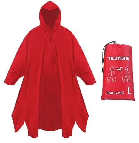 YILUYISHE Unisex Rain Poncho for Adults, Hooded Waterproof Raincoat Jacket for Hiking, Camping and Outdoor (Red)