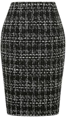 Kinghua Falda lápiz de Lana a Cuadros para Mujer, para otoño e Invierno, Cintura Alta, con Abertura, Longitud hasta la Rodilla, Falda Midi, Tweed Negro, M