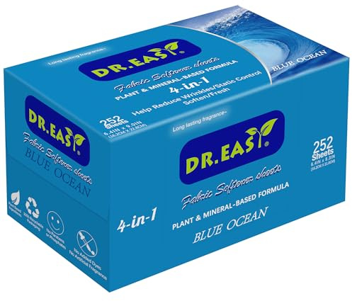 DR.EASY Dryer Sheets Plant Based Formula 252 Ct Fabric Softener sheets for Laundry blue ocean Essential Oil Scented No Artificial Fragrances No Dyes Reduce Static & Wrinkles Help Repel Pet Hair