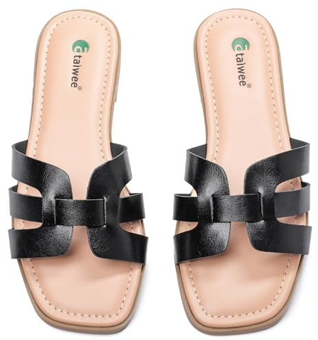 Ataiwee dam slide sandaler bekväma eleganta platta sommarsandaler, mjuka innersulor, eleganta sommartofflor, De svart, 42 EU