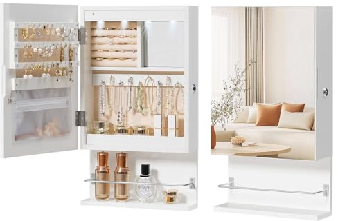 HOOBRO Wall Mounted Jewelry Cabinet, LED Jewelry Armoire with Interior Mirror, Hanging Jewelry Organizer for Wall, Lockable Jewelry Storage Cabinet, 3.9 x 11.8 x 20.9 Inches, White