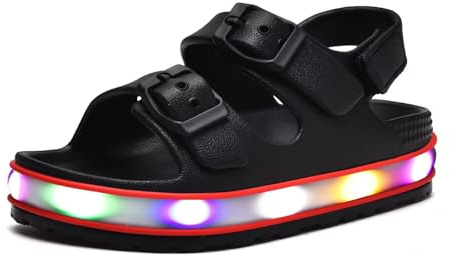 GULAKY Sandali per bambini, da ragazza, leggeri e da bagno, pantofole per bambini, per l'asilo, con chiusura a LED, con fibbia regolabile, antiscivolo, chiusura in velcro, Nero , 28 EU