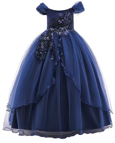 Générique Robe de Princesse pour Fille Robe de soirée élégante à épaules dénudées Tenue de fête Longue pour Enfants vêtement de Bal (Blue, 10-12 Years)