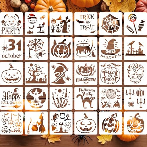 30 Pieces Halloween Stencils 6Inch Reusable and Flushable Plastic Stencils Pumpkin Witch Spider Bat Pattern Templates for Painting on Wood, Burning Art, Craft, Wall, Home Sign Decor, Fabric