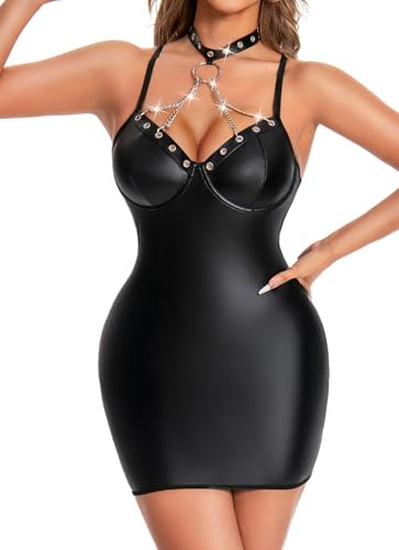 EVELIFE Abito sexy da donna, in pelle, effetto bagnato, con catena in metallo, senza maniche, bodycon, in pelle laccata, curvy, mini abito da discoteca, per Halloween, per cocktail, Nero , XXL