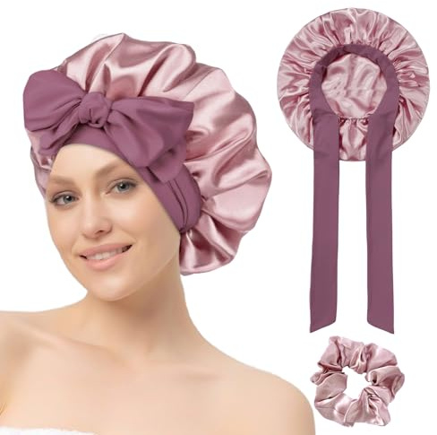 YAWYO Bonnet de Nuit en Soie, Bonnet de Nuit en Satin avec élastique, avec Chouchou, pour Femmes et Filles, Cheveux Longs, Lisses et bouclés (Rose Clair)