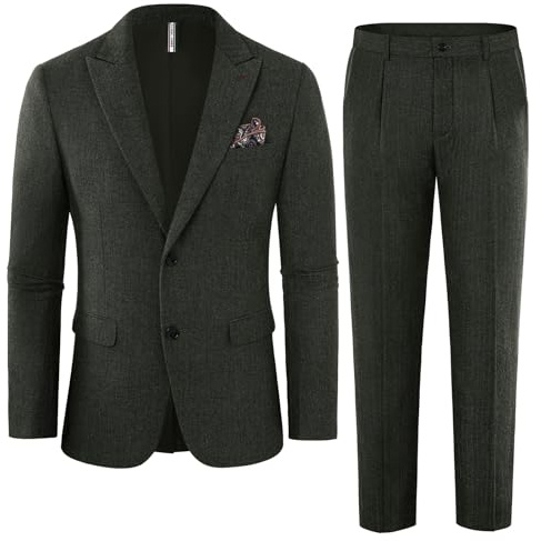 Classic Fit Mens 2 Piece Suit Set Notched Collar Formal Blazer with Pants Army Green M