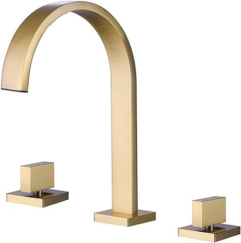 PJKTBEYI Grifo for Lavabo de baño con 3 Orificios Dorado, Doble manija, en Cascada, Grifo tocador a Prueba Salpicaduras