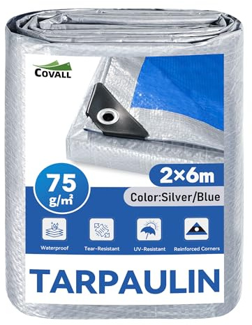 COVALL Tarpaulin 2m x 6m,75gsm Waterproof Groundsheet,Silver & Blue Tarp | Large Tarpaulin Plastic Sheeting UV&Tear Resistant With Reinforced Grommets For Outdoor,Shelter,Camping,Garden,Wood,Car