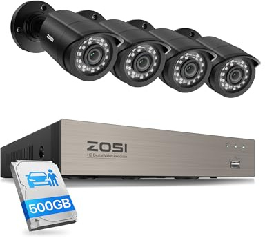 ZOSI 1080P Kit Cámaras de Vigilancia 8CH 2MP DVR Sistema con 500GB Disco Duro y 4 Cámara de Seguridad Cableada Interior y Exterior para Hogar y Negocio, Detección de Personas, Visión Nocturna Clara