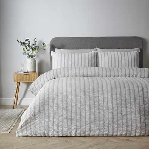 Catherine Lansfield So Soft, set copripiumino king size con federe in seersucker a righe, grigio