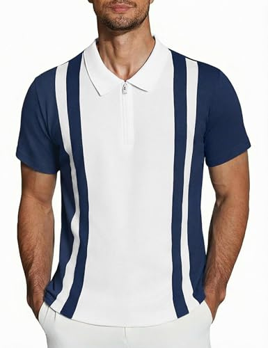 iClosam Men’s Polo Shirt Short Sleeve Slim Fit, Striped Zip Collar Polo Shirt for Men, Soft Stretch Easy Care Shirt for Office Casual Golf S-3XL