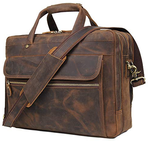 Augus Leather Briefcase for Men 15.6 Inch Laptop Bag Business Travel Large Capacity With Trolley Sleeve YKK Metal Zipper, Brown