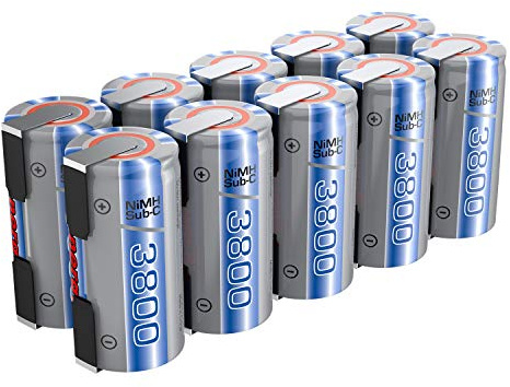 Tenergy NiMH SubC 1.2V 3800mAh Rechargeable Batteries, with Tabs, 10 Pack